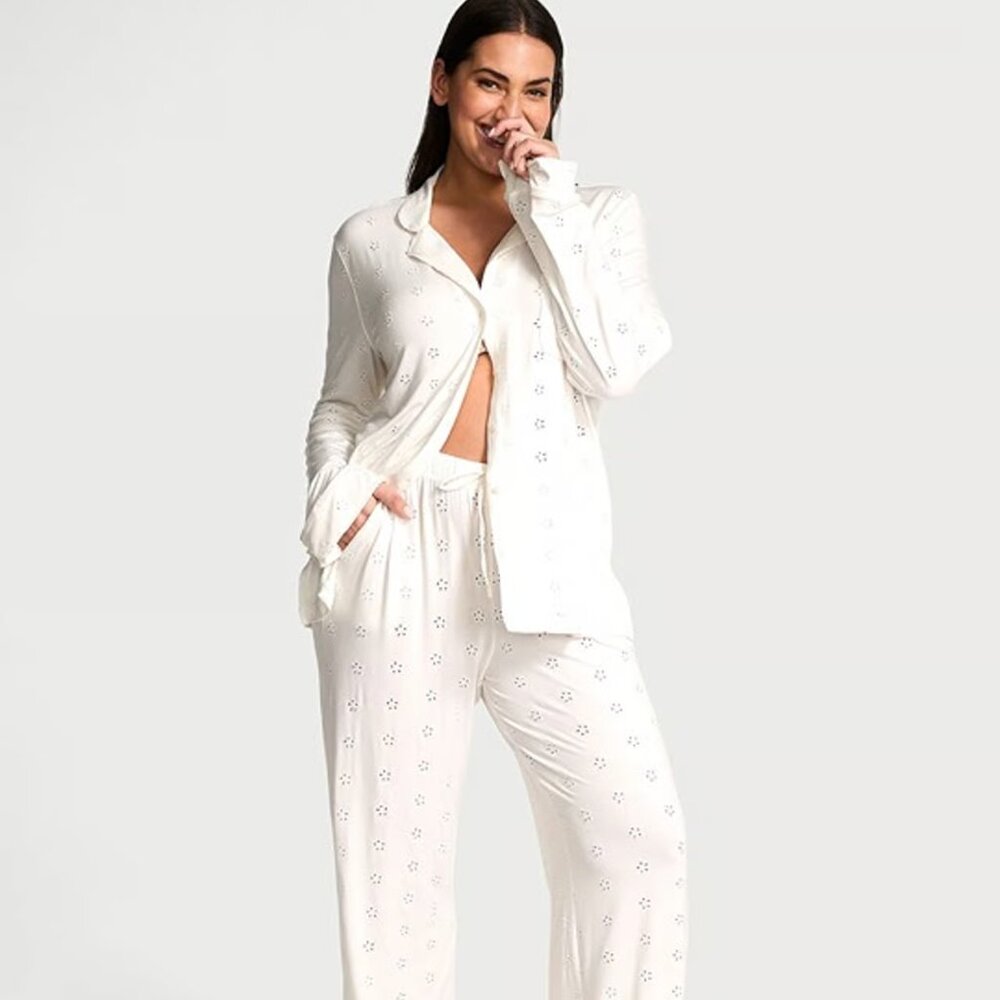 Victoria's Secret Modal Soft White Eyelet Long Pajama Set Sz. Large NWT